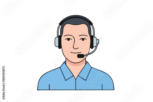 A cartoonish depiction of a person with a headset, wearing a blue shirt
