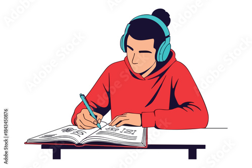 Illustration of a person with headphones, writing in a book on a white background