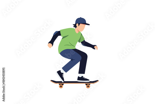 A skater in casual attire, mid-action, on a board, with a green shirt, and hat