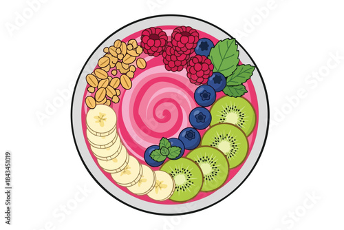Illustration of a colorful smoothie bowl with various fresh fruit and granola