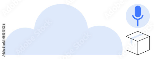 Cloud computing, voice recognition, digital technology, data storage solutions, online backups, audio processing. A cloud, microphone icon and box modern tech applications. Cloud computing and voice