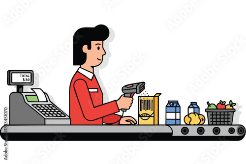 A cashier scans groceries at a checkout counter with produce, milk, and cereal on the conveyor