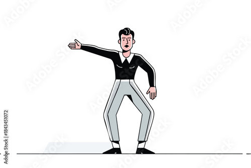 Stylized figure in monochrome attire points with arm extended, standing on a line