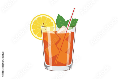 An illustrated iced tea with lemon slice, mint garnish and a striped straw