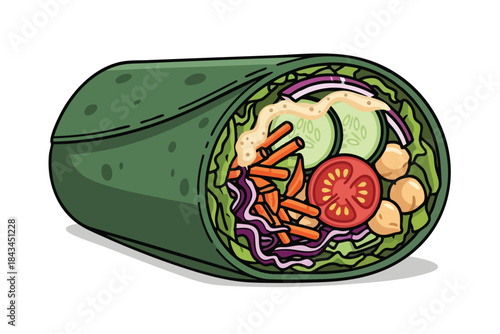 A cartoon green wrap filled with vegetables and drizzled sauce, on a white background
