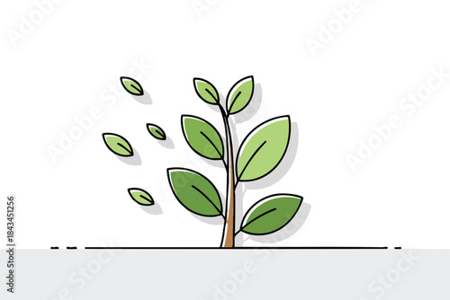 Illustration of a growing plant with green leaves and a brown stem, with some leaves falling