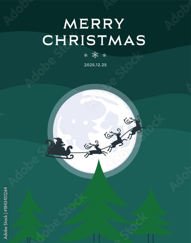 Santa Claus Sleigh Reindeer Flying Over Full Moon