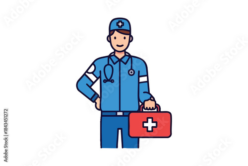 A smiling healthcare worker in blue uniform, cap with cross, and red first aid kit