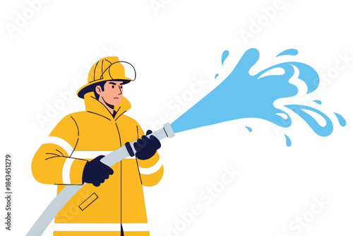 A fireman in yellow gear holding a hose spraying water