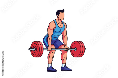 A muscular athlete in gym attire performing a deadlift with a loaded barbell