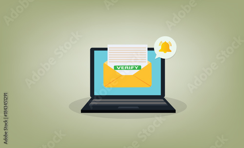 Laptop with a bell notification and verify mail. .Reminder on desktop. New message notification
