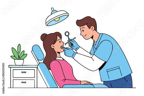 A dentist examining a patient's mouth under a light, with a side table present
