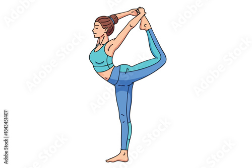 A woman in blue activewear performs a balancing yoga pose on a white background