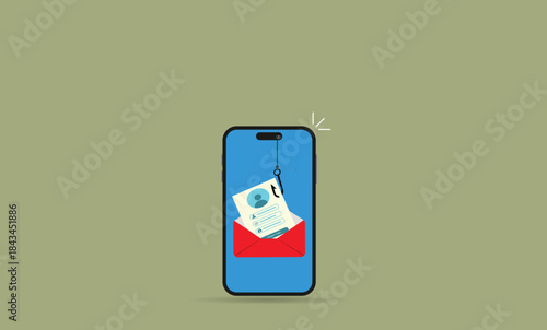 Phishing attack.Hooked login form pulled from an open envelope by a fishhook, symbolizing hacker credential theft and deceptive phishing email
