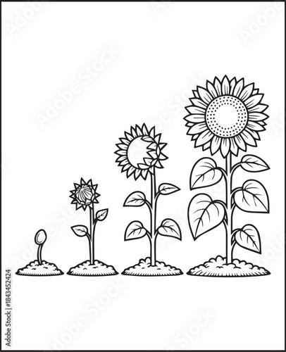 Beautiful sunflower black outline hand-drawn vector artwork, Relaxing coloring page or book design for kids and adults
