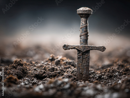 Rusty medieval sword embedded in damp soil with detailed hilt design evokes a sense of forgotten battles and ancient history in a mysterious setting