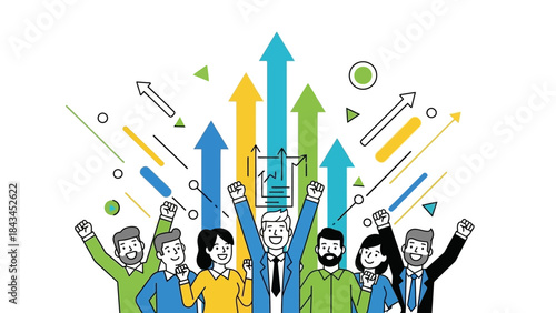 Diverse group of people celebrating success. Vector illustration of people with raised arms and arrows. Business team. People with different skin tones and hairstyles. Colorful arrows and