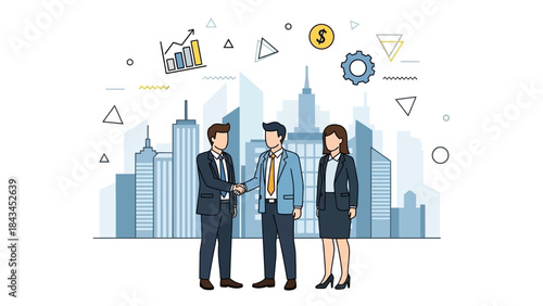 Business people standing together. Vector illustration of three colleagues. Office workers in front of city skyline. Businessmen and woman in suits. Corporate team. Modern flat design.