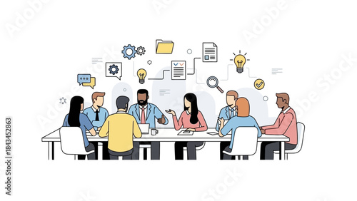 Business people meeting. Team discussion. Office workers brainstorming. Flat design illustration. White background. Teamwork concept. Business strategy. Meeting icons. Vector illustration.