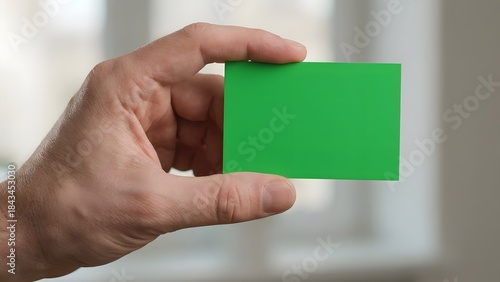 Hand Holding Green Card in Front of Window.