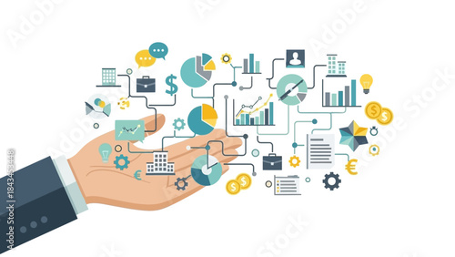 Business finance icons. Hand holding various business symbols. Vector illustration of business and finance elements on white background. Business concept. Financial icons set.