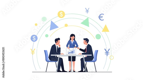 Business people meeting. Team discussion. Financial analysis. Office work. Vector illustration. White background. Business concept. People in suits. Chart and graph. Currency symbols.