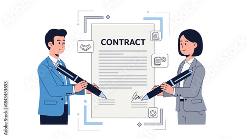 Business people shaking hands. Contract signing. Partnership agreement. Vector illustration of man and woman in business attire. White background. Professional deal concept. Business