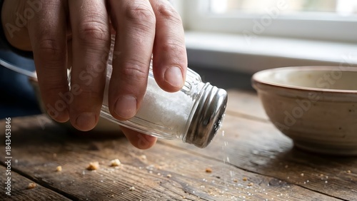 Person Seasoning Food with Salt on Wooden Surface.