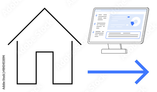 Remote work, smart home, digital transformation, online connectivity, automation, internet services. A house icon, computer monitor and arrow suggest moving activities online. Remote work