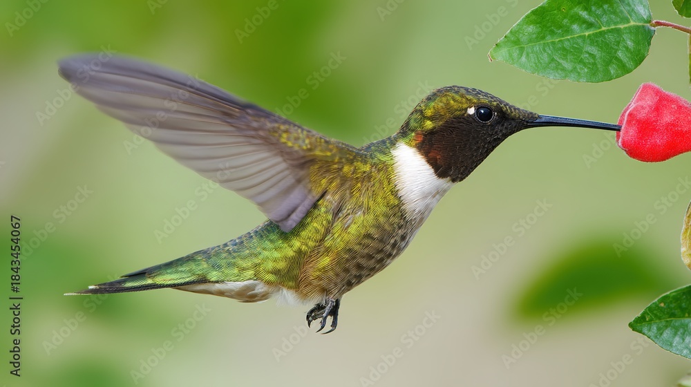 Fototapeta premium hummingbird. A hummingbird hovers near a red flower, its wings moving fast against a green background. wildlife magazines, conservation campaigns, designed for nature documentaries and education.