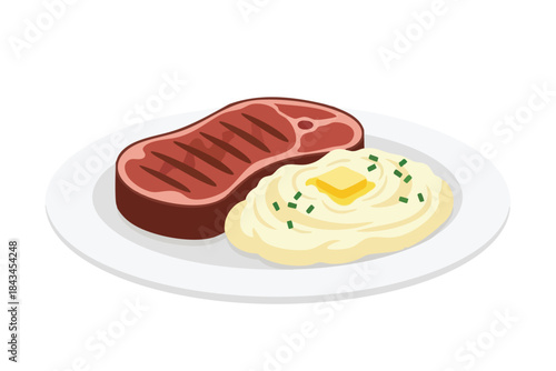 A plate of steak and mashed potatoes with butter and chives