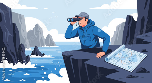 Man with binoculars on cliff edge looking out to sea.