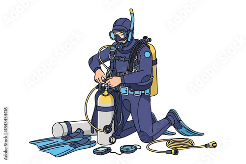 An illustrated scuba diver kneels, preparing gear with equipment around them