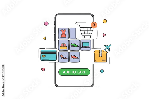 A cartoon smartphone displays an online shopping interface with items, cart, and delivery