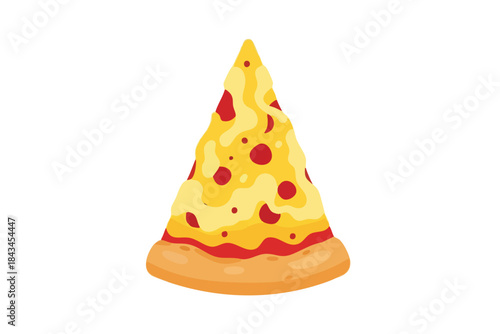 A single, cartoon pizza slice with cheese and toppings