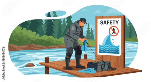 Fisherman cleaning gear on a wooden dock near water.
