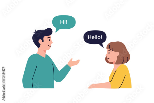 Two people greeting each other with speech bubbles saying "Hi" and "Hello" in a flat style