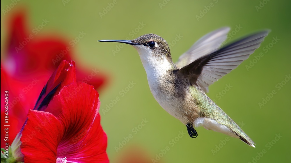 Fototapeta premium hummingbird. A hummingbird hovers near a red flower, its wings moving fast against a green background. wildlife magazines, conservation campaigns, designed for nature documentaries and education.