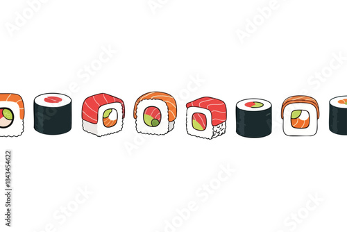 Vector illustration of various sushi rolls. White background. Cartoon style