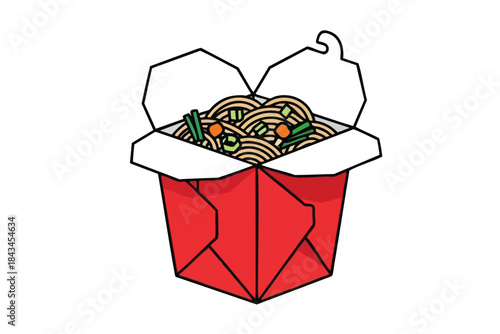 A red takeout container, open, filled with noodles, green onions, and other vegetables