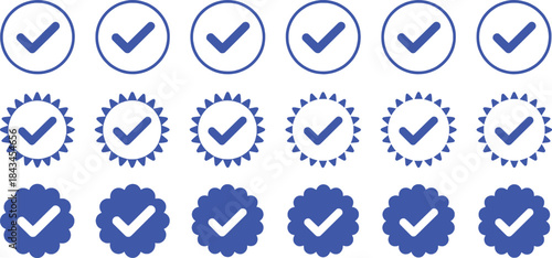 Collection of Blue Checkmark Icons: Circles, Sunbursts, and Flower Shapes
