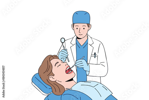 A dentist examining a patient's open mouth with tools in a dental office setting
