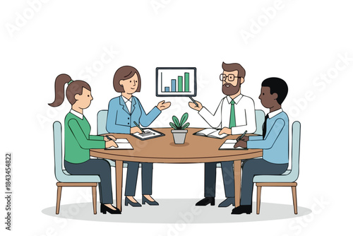 A diverse group discusses a graph at a table, with charts and a plant