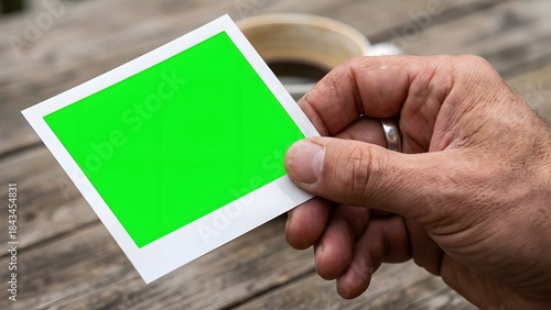 Person Holding Empty Green Photo Frame in Hand.