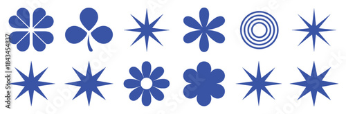 Collection of Blue Geometric and Floral Shapes on White Background