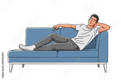 A cartoon man relaxes on a blue sofa, eyes closed, hand behind his head