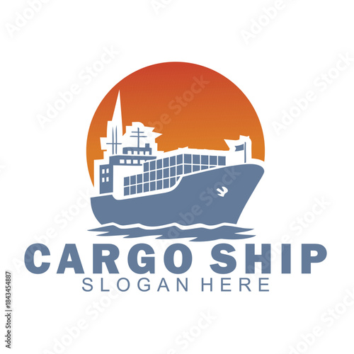 Vector logo of a cargo ship in the middle of the sea in the afternoon