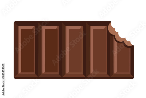 Rectangular bar of dark brown chocolate, with a bite taken out on the right