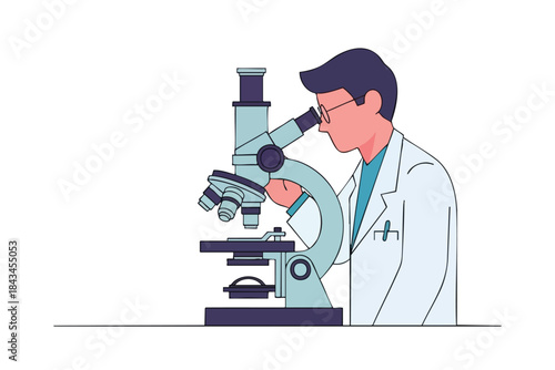 Scientist with glasses examines a microscope, wearing a lab coat. Vector image on white