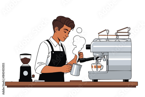 A barista steams milk into a cup of espresso, with a coffee grinder nearby